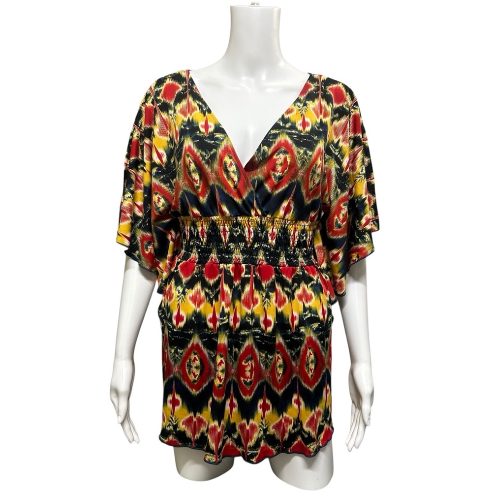Susie Rose Ikat Pattern Blouse Red Blue Size M